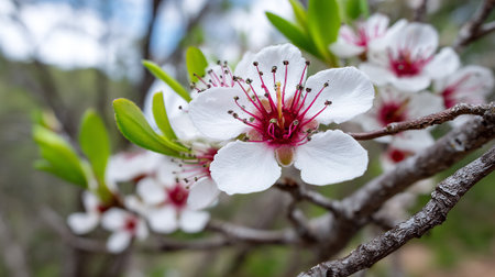 Delicate blossoms of a flowering plum tree branch in spring.の素材