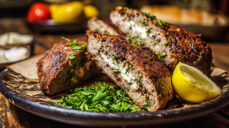Stuffed Meatloaf Slices Garnished with Fresh Herbs and Lemon Ready to Serveの素材