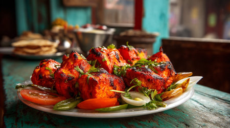 Mouthwatering Paneer Tikka Delight Served on Rustic Turquoise Tabletop Backgroundの素材