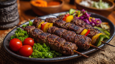 Delectable grilled kebab skewers with vibrant vegetables, plated for a savory culinary delight.の素材