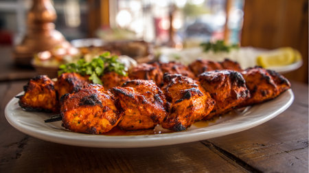 Delicious and Flavorful Chicken Tikka Skewers Plated Elegantly Ready to be Servedの素材