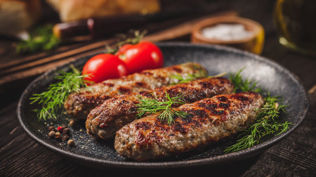Grilled Cevapi on Rustic Plate with Tomatoes and Fresh Dill Garnishの素材