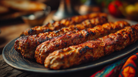 Grilled Lamb Kebabs on Dark Plate with Colorful Textile Accentの素材