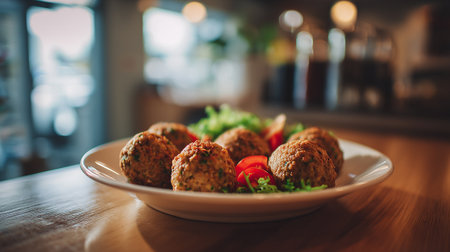 Fresh falafel balls served on a plate with greens and tomatoes.の素材