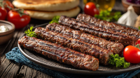 Delicious grilled Kofta kebabs served on a rustic plate with fresh vegetablesの素材