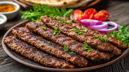 Delicious Adana kebab served on rustic wooden plate, a flavorful delightの素材