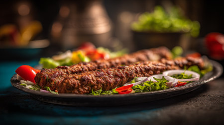 Delicious Adana Kebab Platter with Fresh Salad on a Rustic Tableの素材