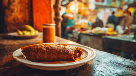 Empanada on Plate at Street Food Market with Vibrant Backdropの素材