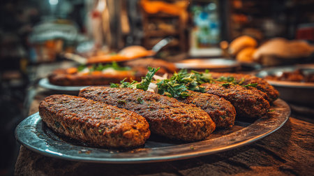 Delicious Turkish Adana Kebabs, Grilled and Garnished on a Vintage Metal Platterの素材