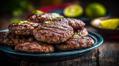 Delicious homemade grilled burger patties displayed on a rustic plate with lime.の素材