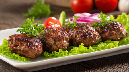 Delicious Grilled Meatballs with Fresh Salad Garnishing Served on a White Plateの素材