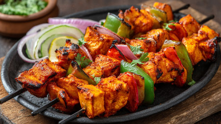 Delicious chicken tikka skewers with colorful peppers and onion on a trayの素材