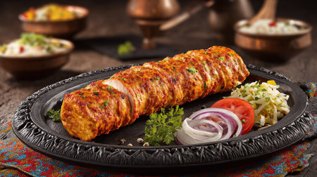 Sliced Tandoori Chicken Tikka on a Decorative Platter, a Culinary Delightの素材