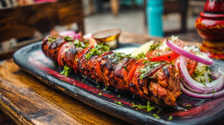 Delicious kebab skewers with tomato served on a rustic wooden board.の素材