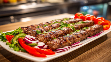 Delicious Kofta Kebab Skewers Served with Fresh Vegetables and Herbs on Platterの素材