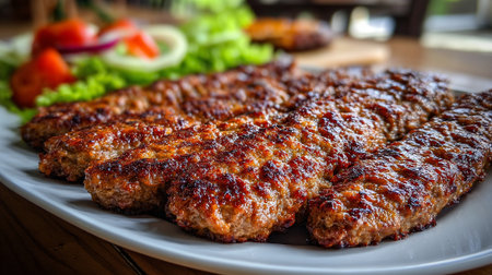 Delicious Cevapi Kebabs on Plate with Fresh Salad, Ready to Eatの素材