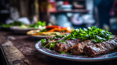 Delicious grilled kebab dish topped with fresh herbs on vintage tableの素材