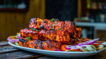 Delicious Paneer Tikka Served on Plate with Colorful Vegetables and Herbsの素材