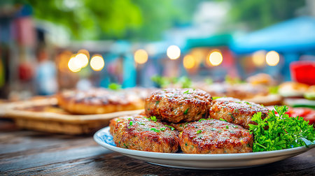 Juicy meat patties plated on a rustic wooden table outdoors.の素材