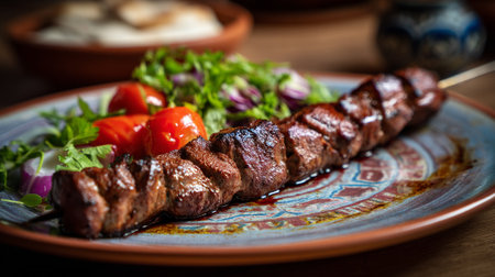 Grilled kebab skewer with fresh salad and tomatoes served on ornate plateの素材