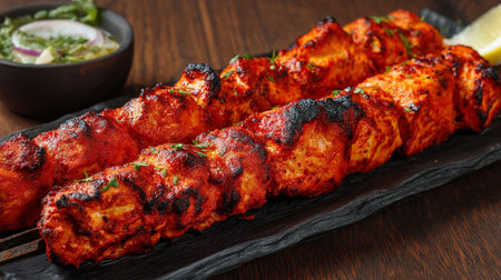 Grilled Chicken Tikka Skewers Garnished with Herbs Served on Slate Plateの素材
