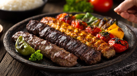 Delicious Middle Eastern Kabobs Served on a Rustic Wooden Platter for Dinnerの素材