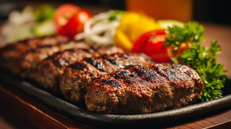 Delicious grilled kebabs with fresh vegetables for a tasty meal presentationの素材