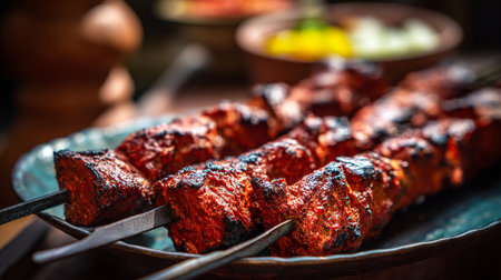 Tempting Grilled Meat Skewers with Vibrant Spices Served on an Elegant Dishの素材