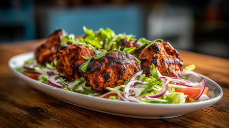 Delicious Chicken Tikka on Platter Displayed on Wooden Table Surfaceの素材
