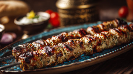 Appetizing Middle Eastern Kofta Kebabs Served on Ornate Blue Plateの素材