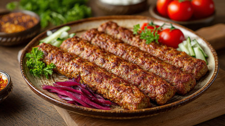 Grilled Kofta Kababs Plated Elegantly with Vibrant Garnishes Ready to Serveの素材