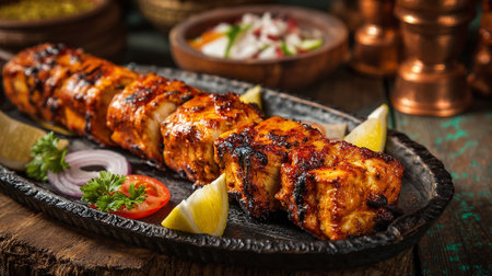 Delicious Chicken Tikka Kebab with Lemon and Tomato Garnishes Displayed Artisticallyの素材
