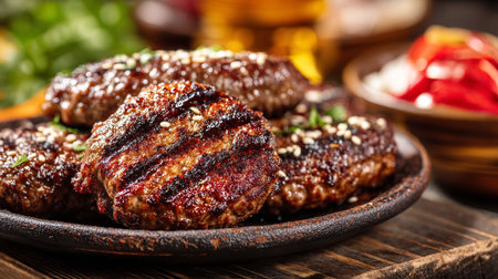 Delicious homemade grilled beef patties seasoned with herbs and sesame seedsの素材