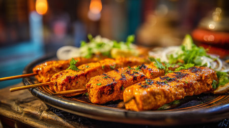 Mouthwatering grilled kebab skewers served with fresh onions and parsley garnishの素材