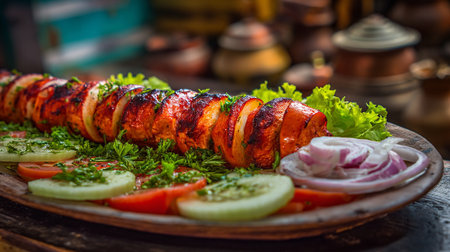 Appetizing grilled chicken skewer slices served with fresh vegetables on a wooden plateの素材