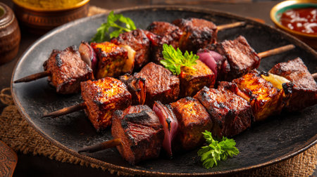 Appetizing grilled meat skewers with red onion pieces served on a dark plate.の素材