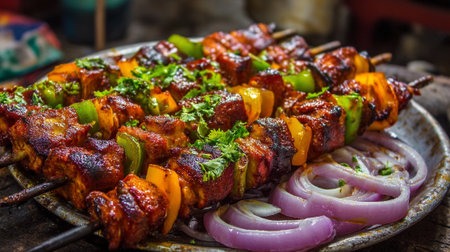Delectable grilled paneer tikka skewers with vibrant bell peppers and onion ringsの素材