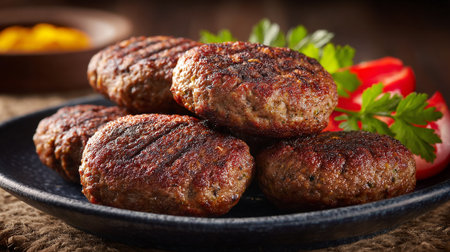 Delicious grilled meatballs on a plate presented with fresh vegetables garnishing.の素材