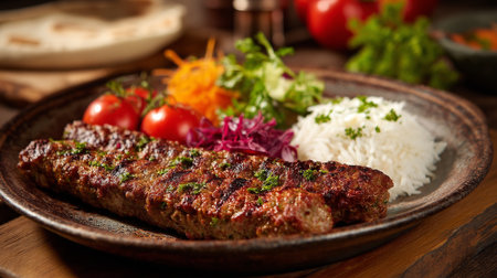 Authentic Middle Eastern Adana Kebab Plate Garnished with Fresh Vegetables and Riceの素材