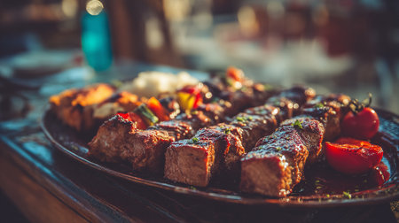Delicious Meat Skewers with Grilled Vegetables Served on a Platterの素材