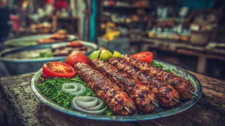 Delicious Seekh Kebabs served on a platter with tomatoes and onionsの素材