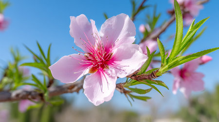 Delicate Pink Peach Blossom Flourishes Against a Vibrant Blue Skyの素材