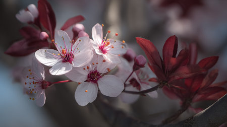 Blossoming Beauty: Close-up of Delicate Plum Flowers in Early Springの素材