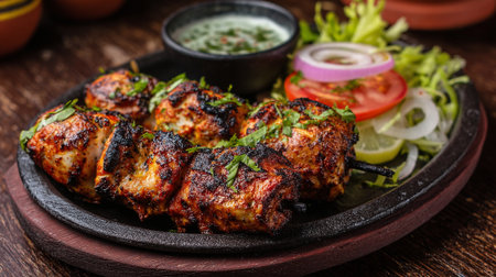 Delicious Chicken Tikka Kebab with Mint Chutney and Fresh Salad Garnishingの素材