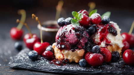 Delicious berry tartlets with vanilla ice cream and powdered sugarの素材
