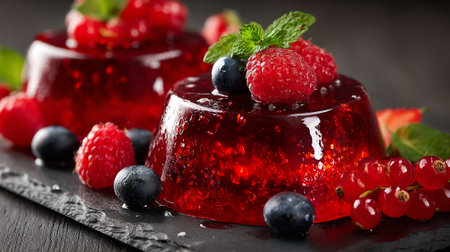 Delicious berry jelly desserts garnished with fresh mint and mixed berriesの素材