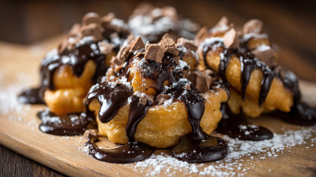 Cream Puffs Tower with Chocolate Sauce and Chocolate Piecesの素材