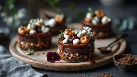 Decadent Chocolate Desserts: Mini Cakes with Caramel, Nuts and Flowersの素材