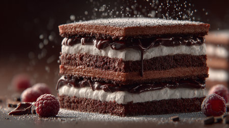 Decadent chocolate cake layers dripping with sauce and fresh raspberriesの素材