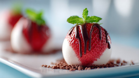Luscious Strawberry Dessert Drizzled with Chocolate and Garnished with Mintの素材